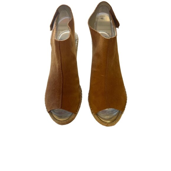 Brown Suede Peep Toe Wedge Sandals With Adjustable Velcro Strap Womens Size 7 - Picture 2 of 8